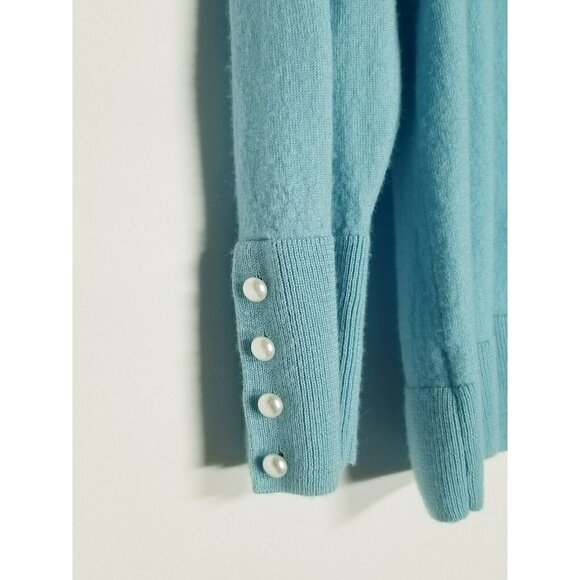 Talbots Gathered Shoulder Blue Merino‎ Wool Sweater Pearl Buttons at Cuffs Sz XP - Picture 4 of 16